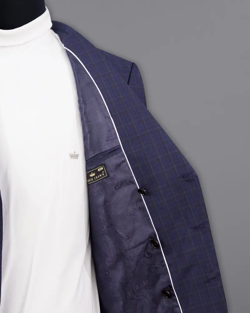 Martinique Blue Subtle Checkered Double Breasted With Belt Closure Designer Overcoat 7