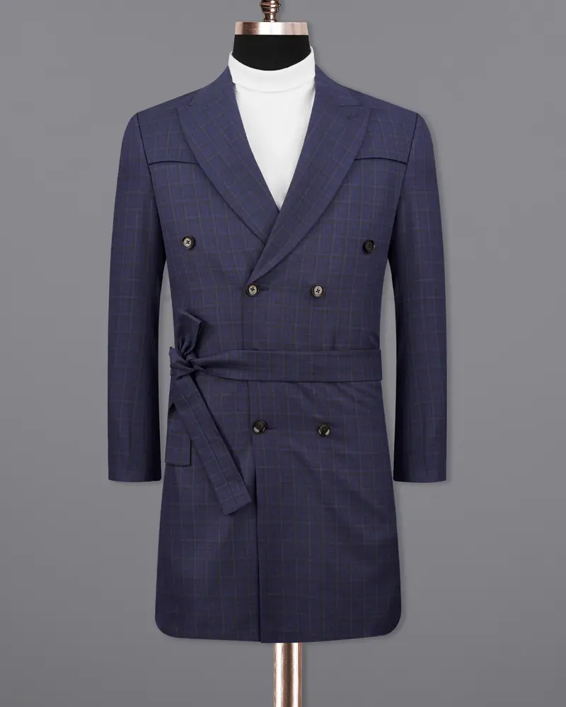 Martinique Blue Subtle Checkered Double Breasted With Belt Closure Designer Overcoat 8