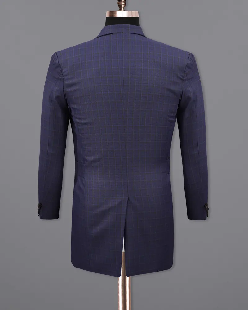 Martinique Blue Subtle Checkered Double Breasted With Belt Closure Designer Overcoat 9