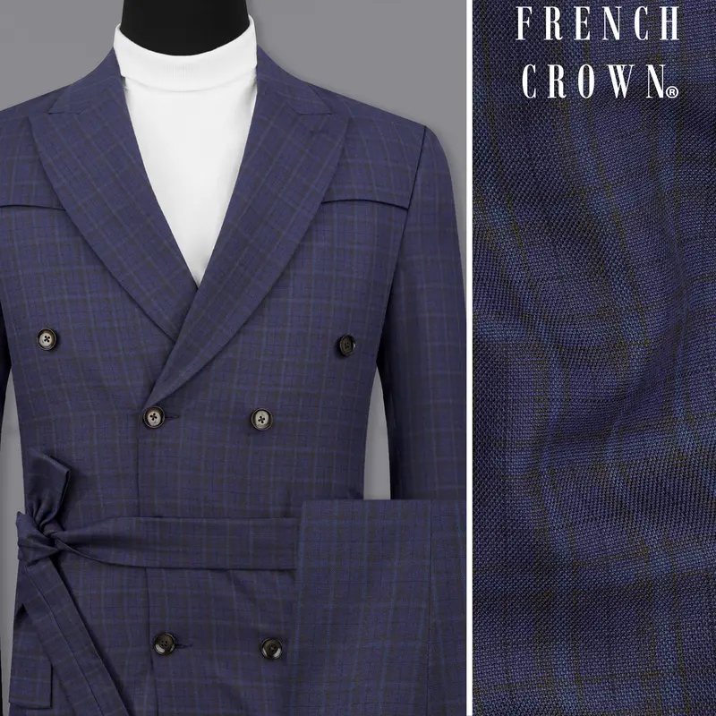 Martinique Blue Subtle Checkered Double Breasted With Belt Closure Designer Overcoat With Pant 1