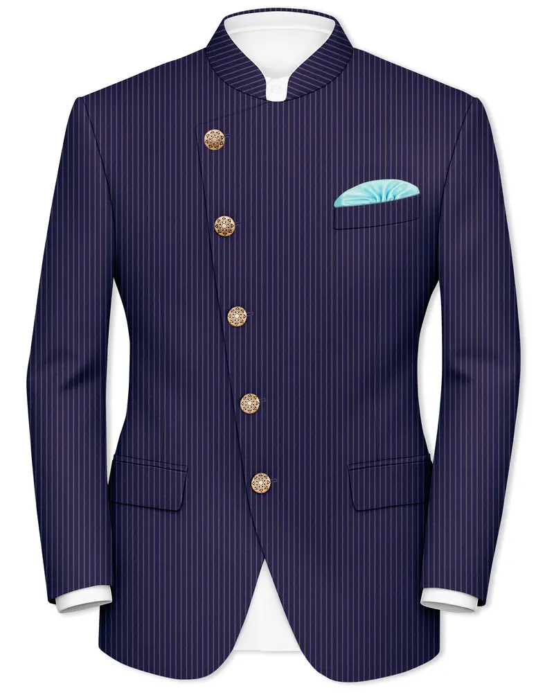 Martinique Blue With Prelude Striped Cross Placket Bandhgala/Mandarin Corduroy Premium Cotton Blazer 1
