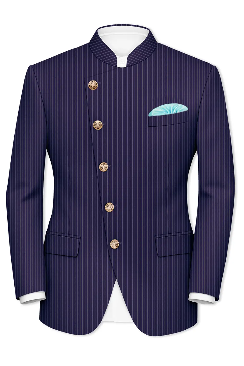 Martinique Blue With Prelude Striped Cross Placket Bandhgala/Mandarin Corduroy Premium Cotton Blazer 2