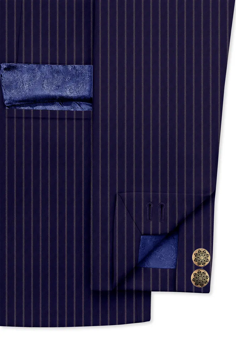 Martinique Blue With Prelude Striped Cross Placket Bandhgala/Mandarin Corduroy Premium Cotton Blazer 4