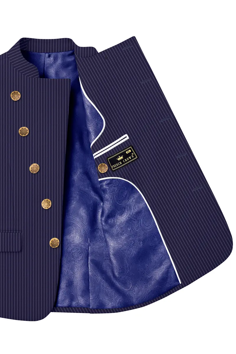 Martinique Blue With Prelude Striped Cross Placket Bandhgala/Mandarin Corduroy Premium Cotton Blazer 5