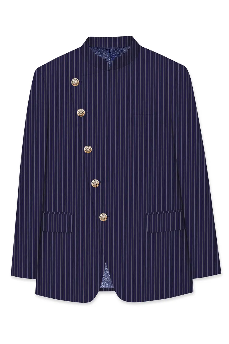 Martinique Blue With Prelude Striped Cross Placket Bandhgala/Mandarin Corduroy Premium Cotton Blazer 6