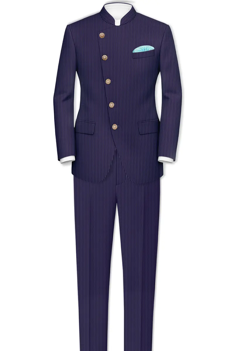 Martinique Blue With Prelude Striped Cross Placket Bandhgala/Mandarin Corduroy Premium Cotton Blazer 8