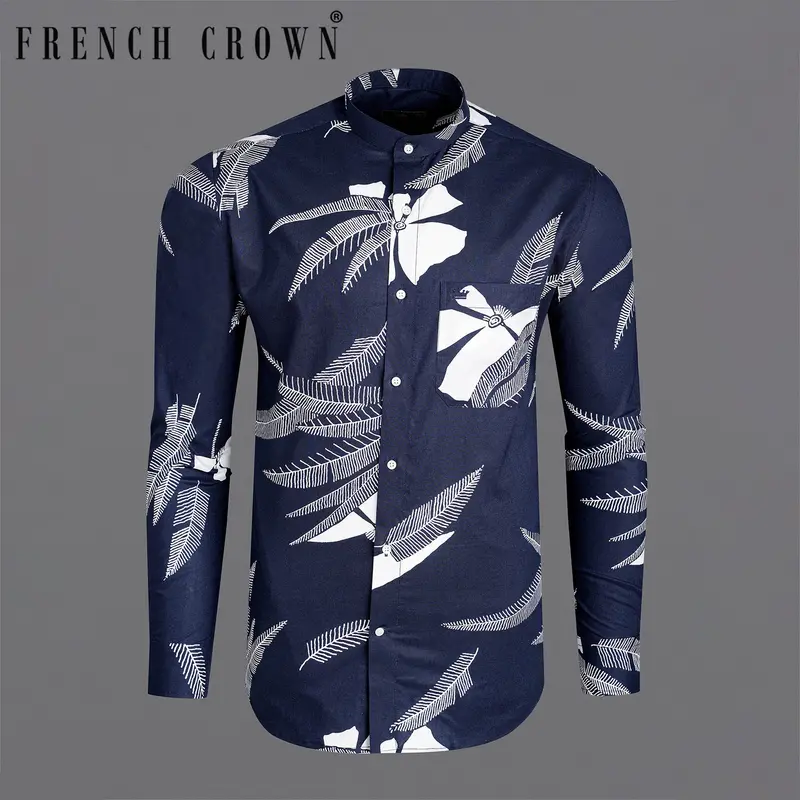 Martinique Blue With White Color Leaves Printed Premium Cotton Shirt 1