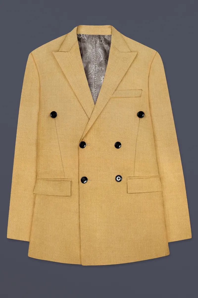 Marula-Desert Yellow Solid Wool Rich Double Breasted Slight Stretch Blazer 8