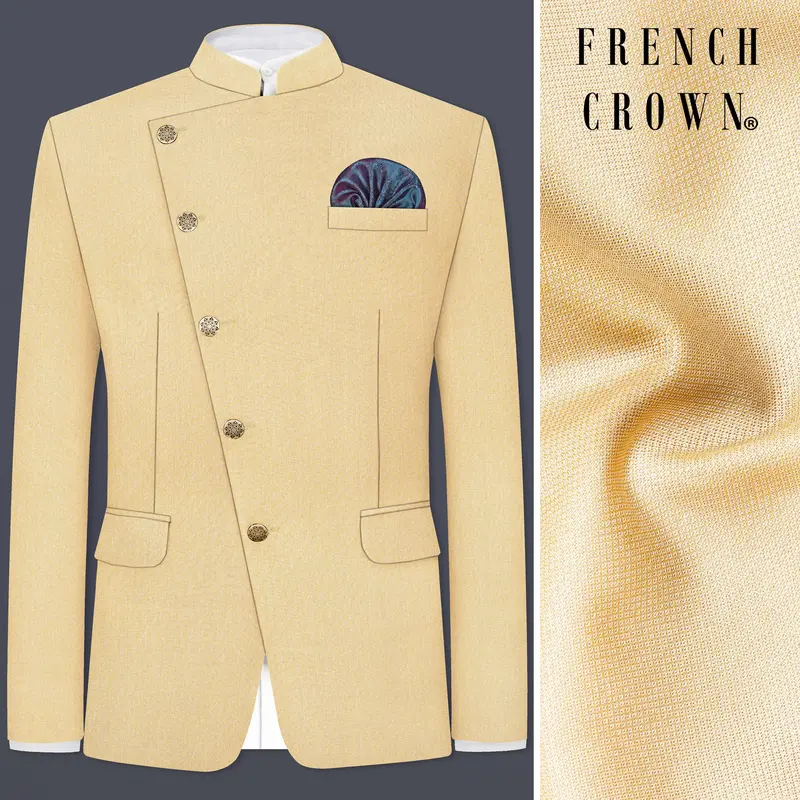 Marzipan Cream Textured Wool Blend Cross Placket Bandhgala Blazer 1