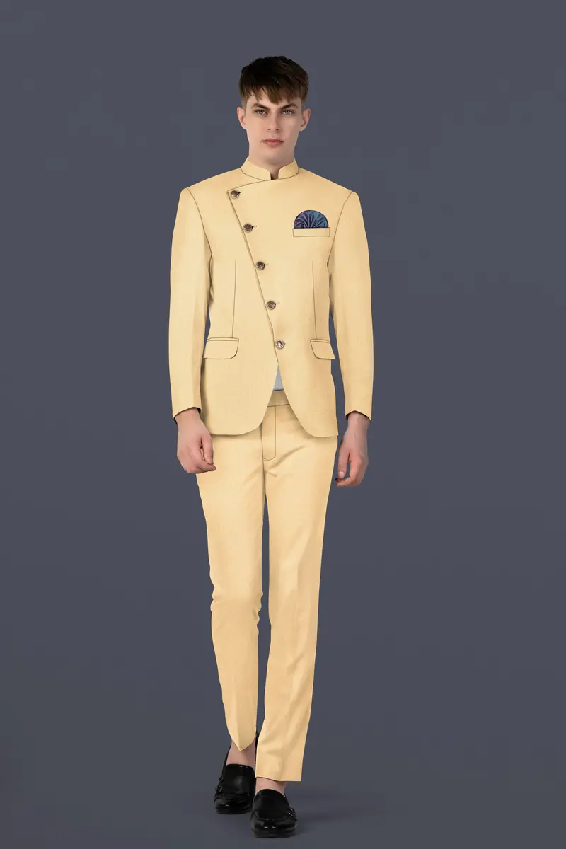 Marzipan Cream Textured Wool Blend Cross Placket Bandhgala Blazer 11