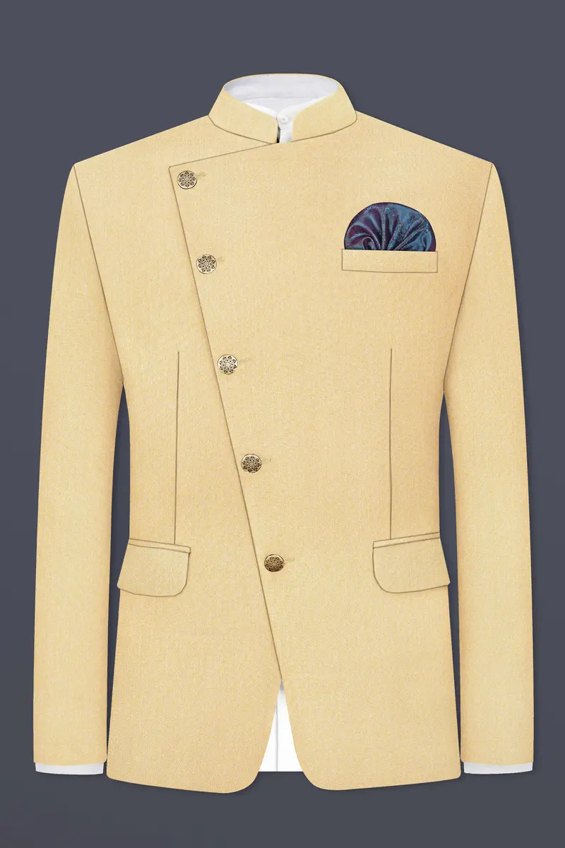 Marzipan Cream Textured Wool Blend Cross Placket Bandhgala Blazer 2