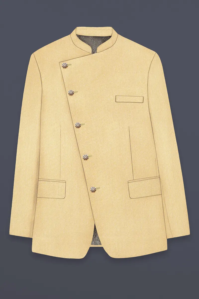Marzipan Cream Textured Wool Blend Cross Placket Bandhgala Blazer 6