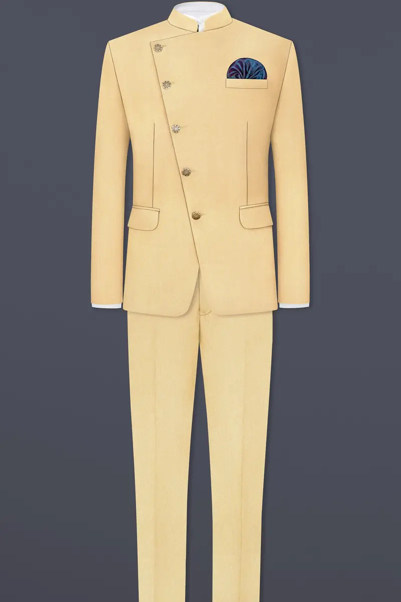 Marzipan Cream Textured Wool Blend Cross Placket Bandhgala Blazer 8