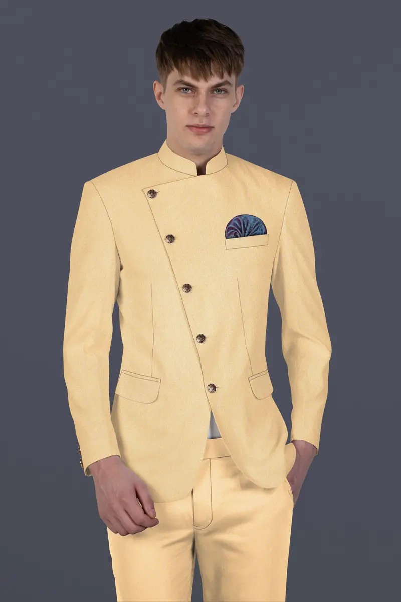 Marzipan Cream Textured Wool Blend Cross Placket Bandhgala Blazer 9