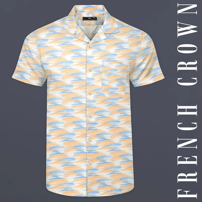 Marzipan Orange With Glacier Blue And White Abstract Printed Super Soft Premium Cotton Shirt 1