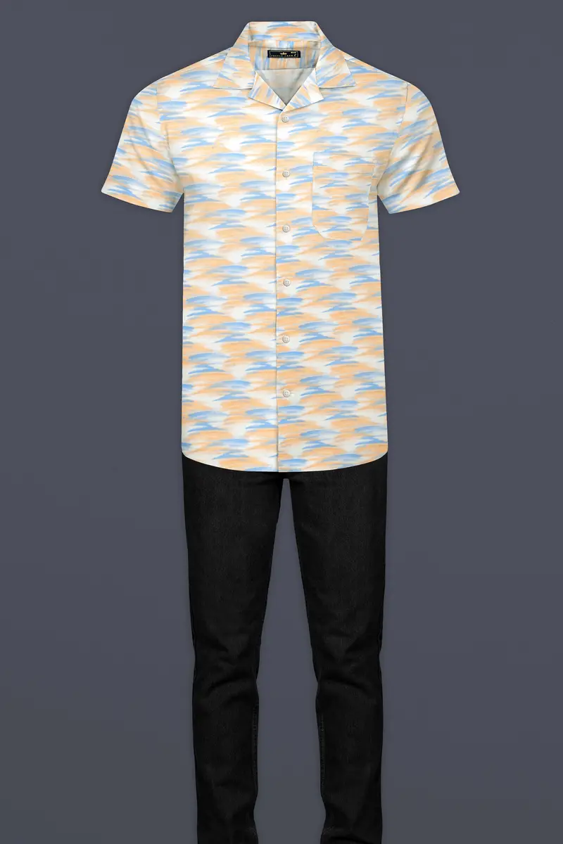 Marzipan Orange With Glacier Blue And White Abstract Printed Super Soft Premium Cotton Shirt 7