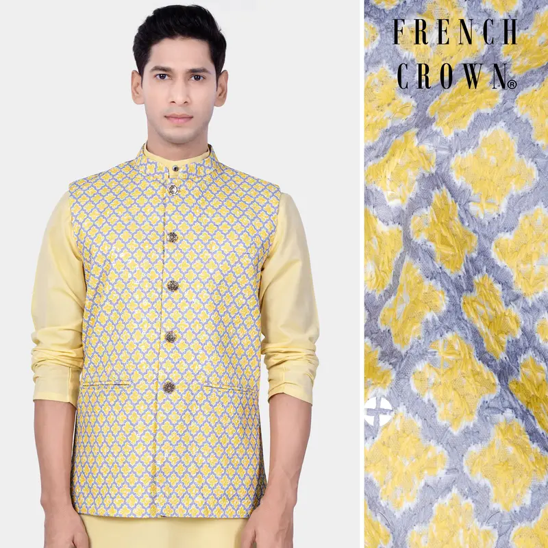 Marzipan Yellow And Casper Gray Thread Embroidered Nehru Jacket 1