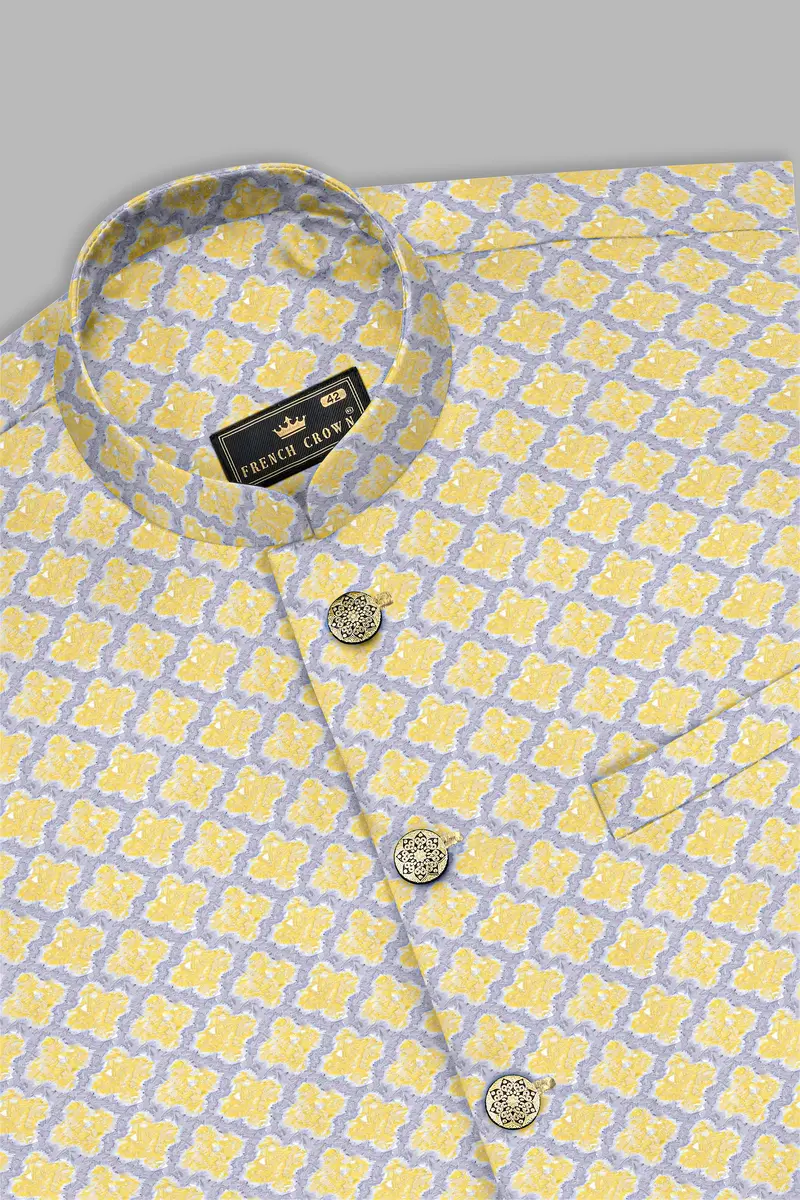 Marzipan Yellow And Casper Gray Thread Embroidered Nehru Jacket 10