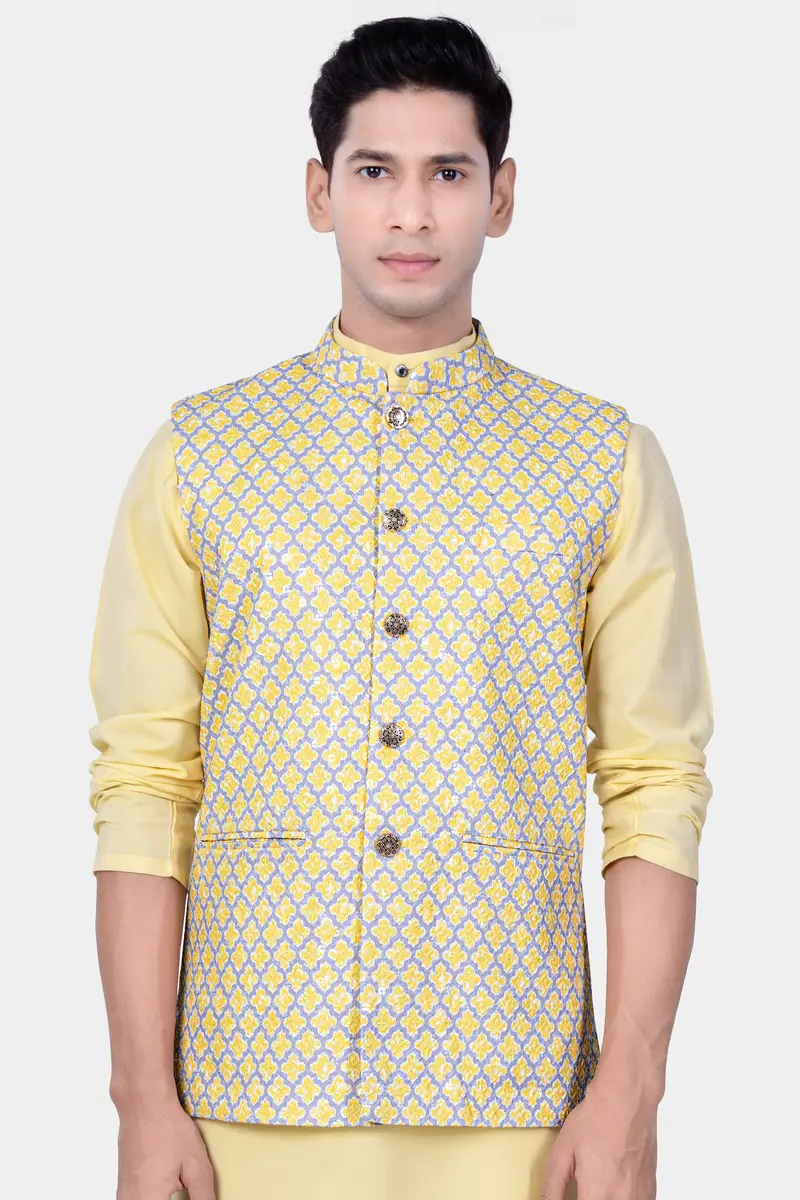 Marzipan Yellow And Casper Gray Thread Embroidered Nehru Jacket 2