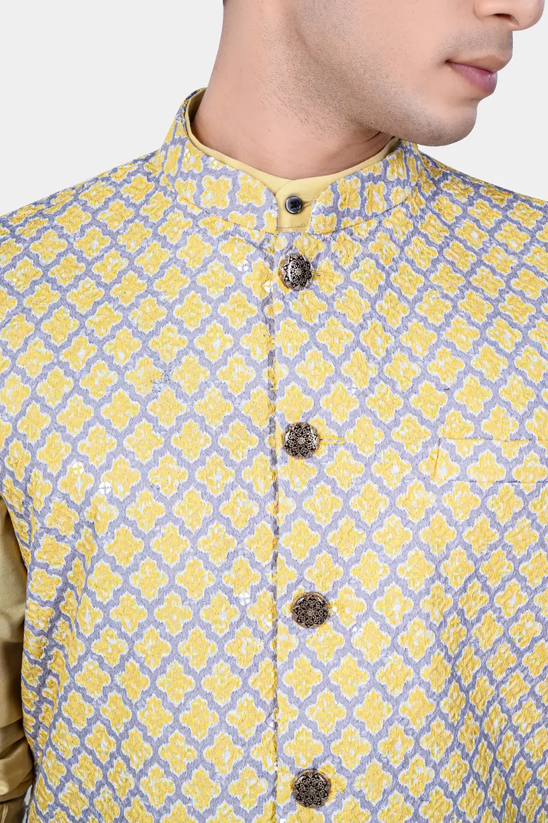 Marzipan Yellow And Casper Gray Thread Embroidered Nehru Jacket 4