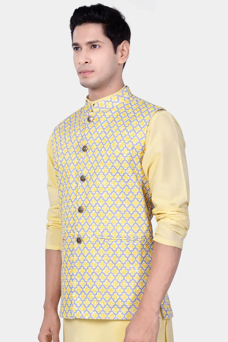 Marzipan Yellow And Casper Gray Thread Embroidered Nehru Jacket 5