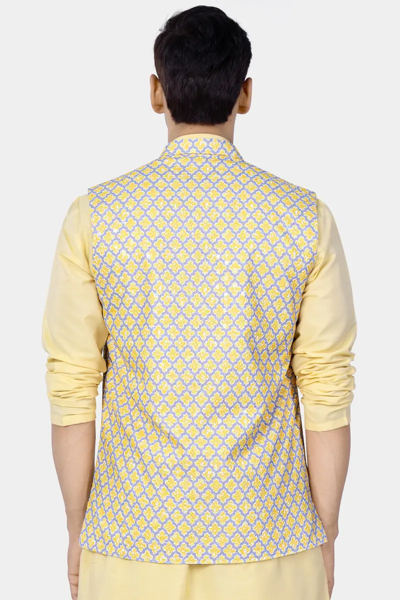 Marzipan Yellow And Casper Gray Thread Embroidered Nehru Jacket 6