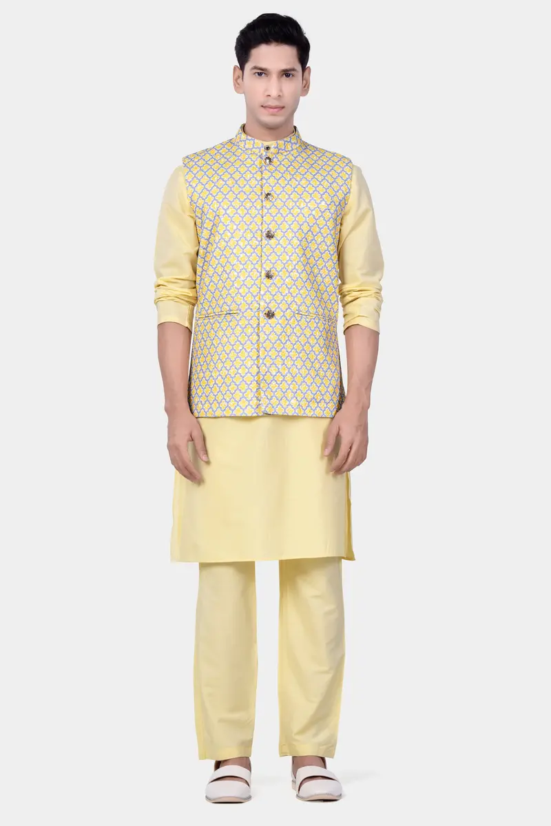 Marzipan Yellow And Casper Gray Thread Embroidered Nehru Jacket 7