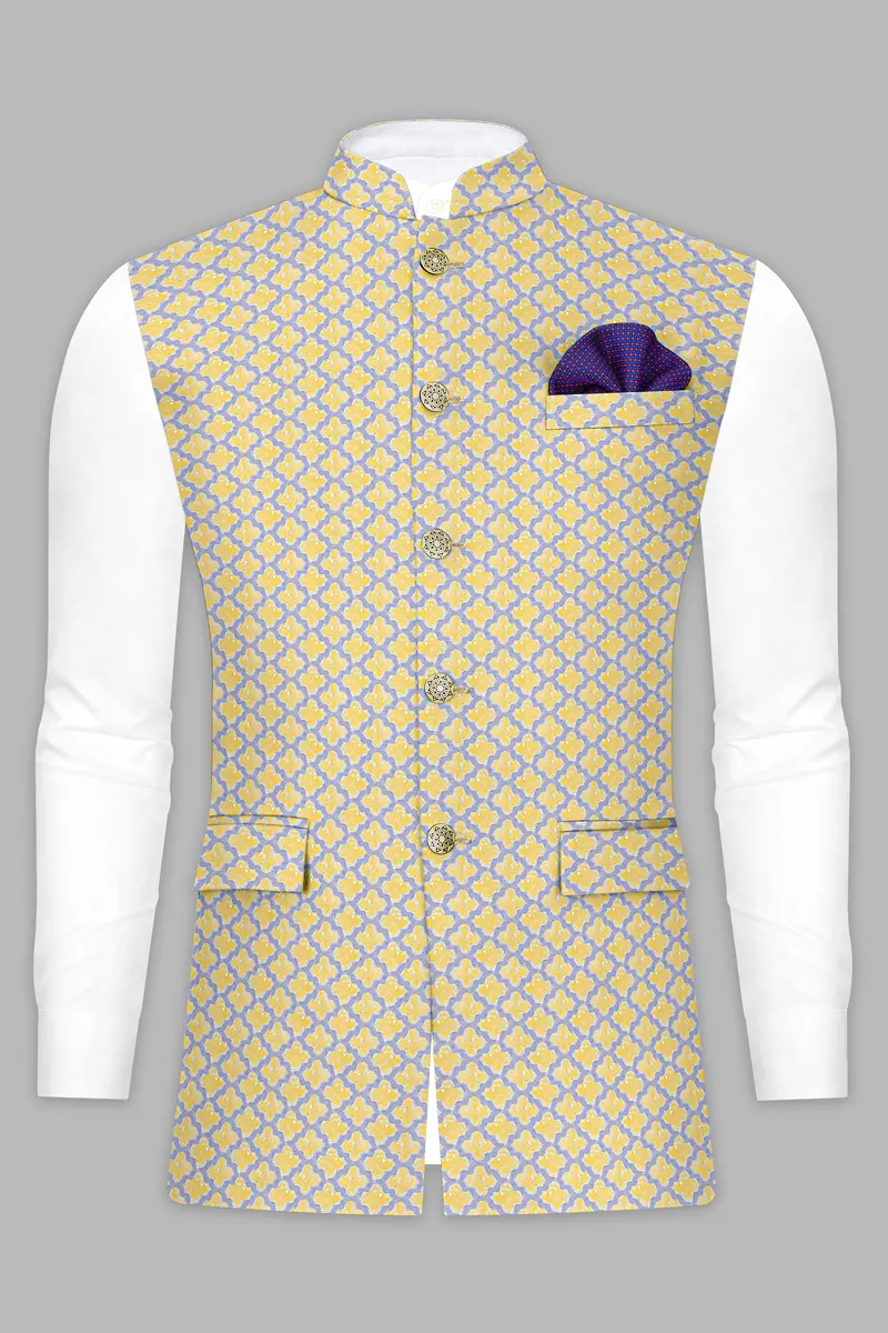 Marzipan Yellow And Casper Gray Thread Embroidered Nehru Jacket 8