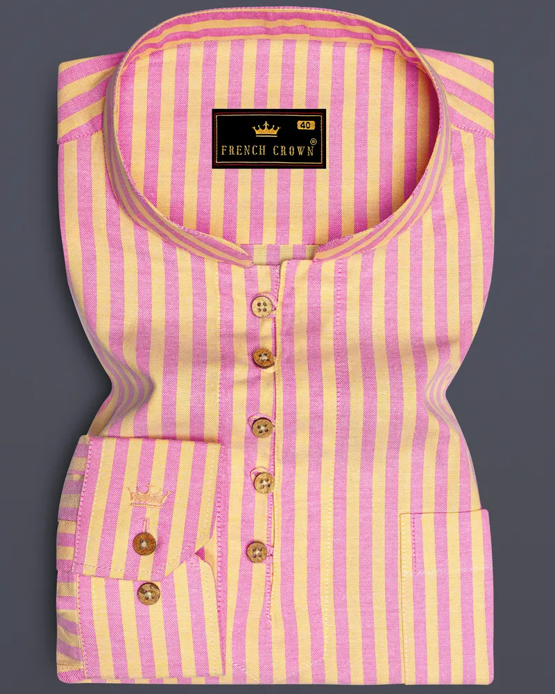 Marzipan Yellow And Pastel Pink Striped Royal Oxford Kurta Shirt 1
