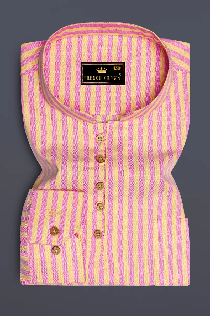 Marzipan Yellow And Pastel Pink Striped Royal Oxford Kurta Shirt 2