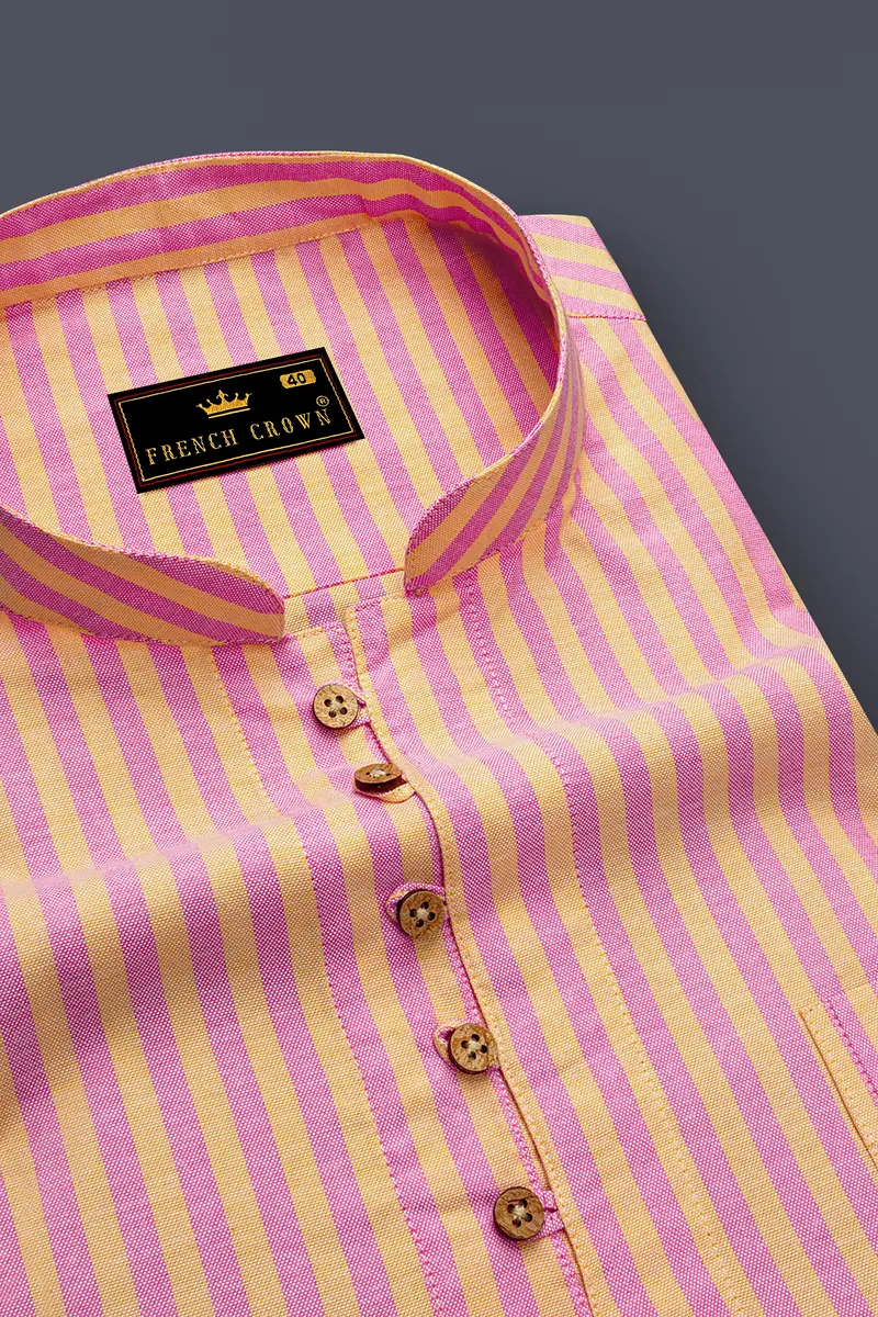 Marzipan Yellow And Pastel Pink Striped Royal Oxford Kurta Shirt 4