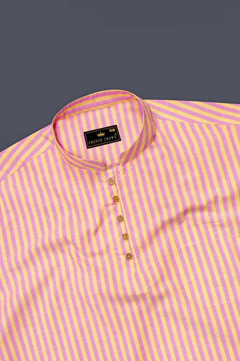Marzipan Yellow And Pastel Pink Striped Royal Oxford Kurta Shirt 5
