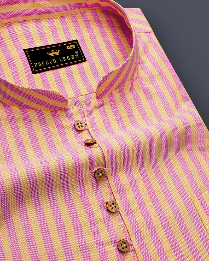 Marzipan Yellow And Pastel Pink Striped Royal Oxford Kurta Shirt 6