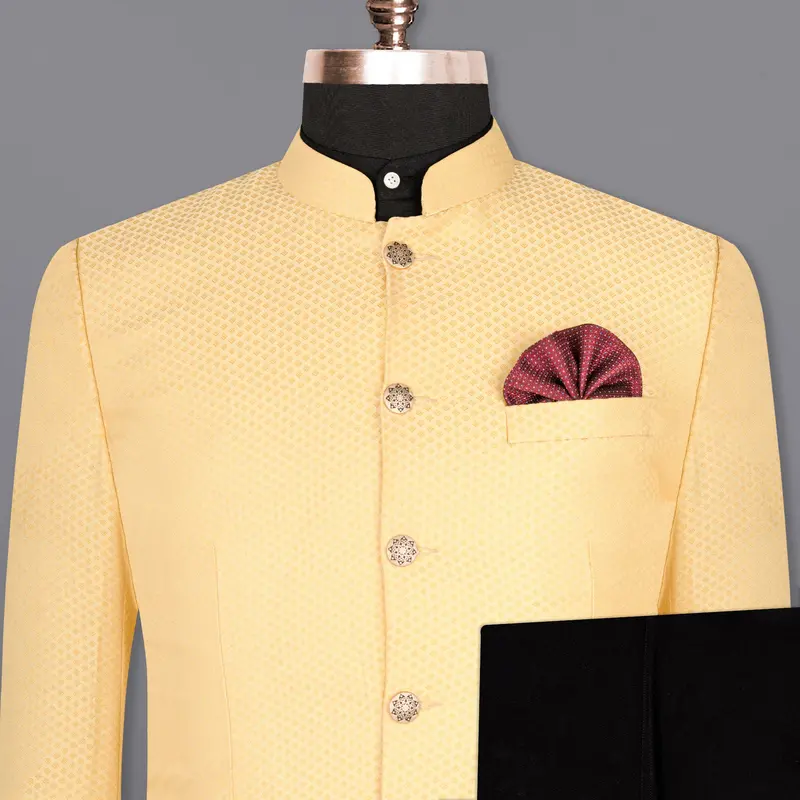 Marzipan Yellow Textured Bandhgala Designer Suit 1