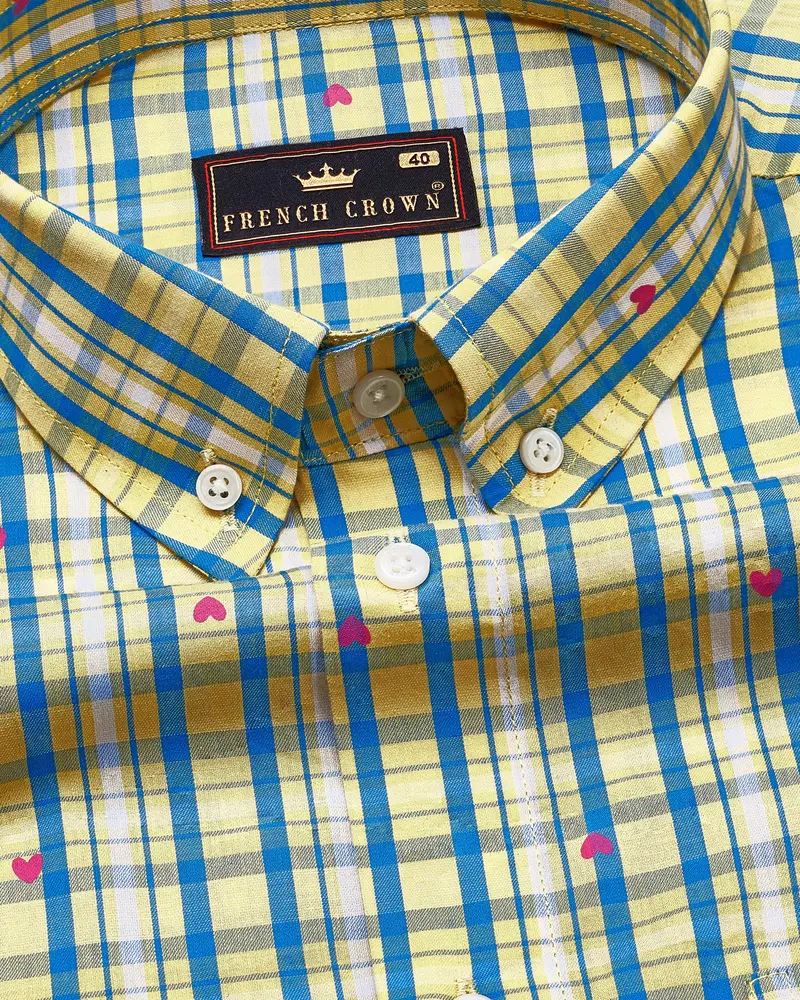 Marzipan Yellow With Matisse Blue Checkered With Heart Printed Premium Cotton Shirt 1