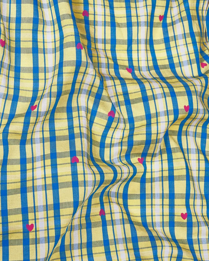 Marzipan Yellow With Matisse Blue Checkered With Heart Printed Premium Cotton Shirt 2