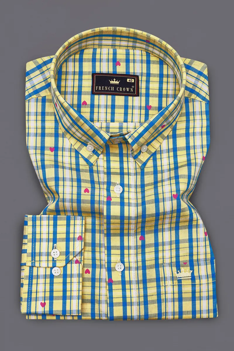 Marzipan Yellow With Matisse Blue Checkered With Heart Printed Premium Cotton Shirt 3