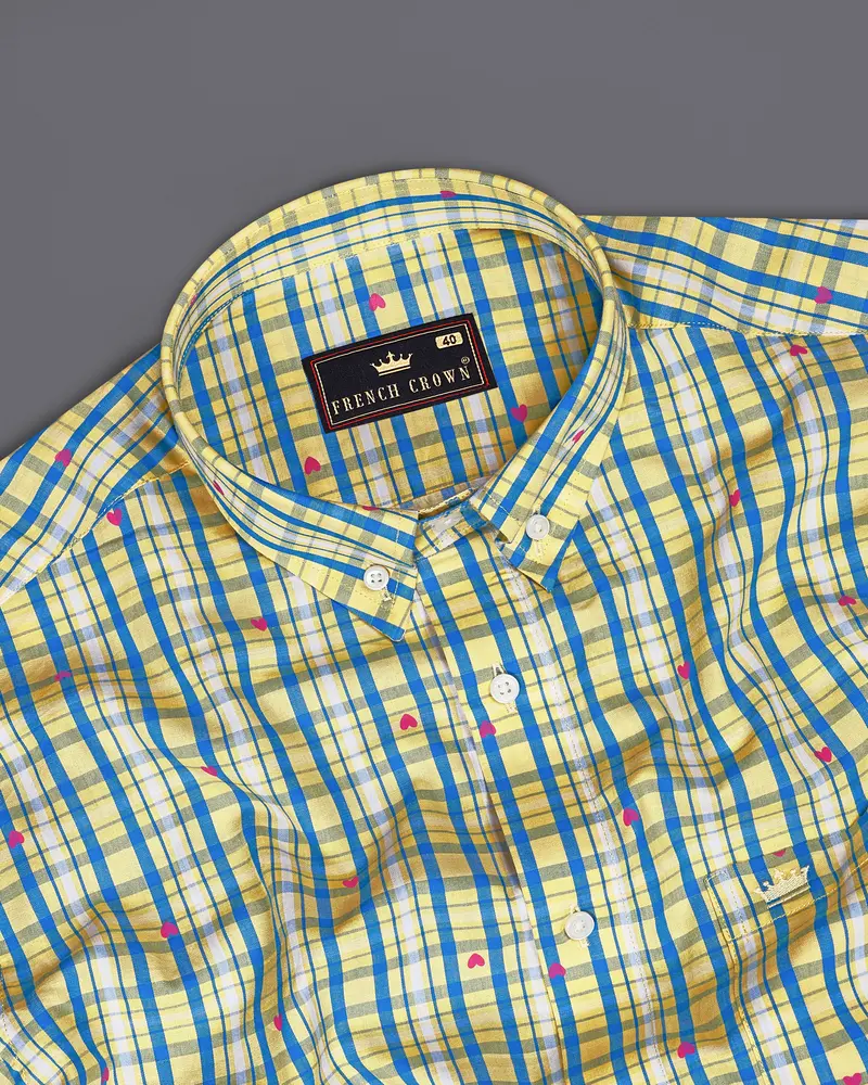 Marzipan Yellow With Matisse Blue Checkered With Heart Printed Premium Cotton Shirt 4