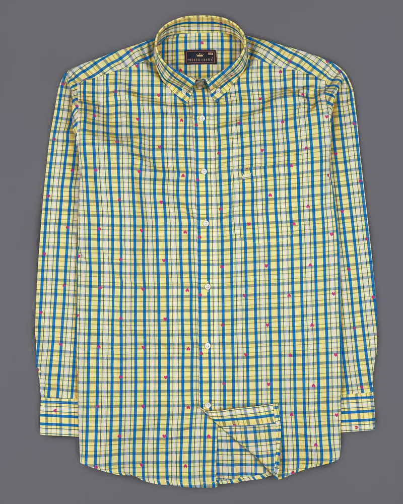 Marzipan Yellow With Matisse Blue Checkered With Heart Printed Premium Cotton Shirt 5