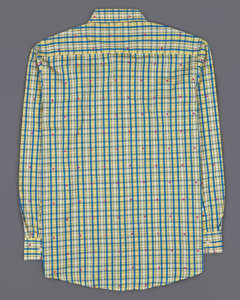 Marzipan Yellow With Matisse Blue Checkered With Heart Printed Premium Cotton Shirt 6