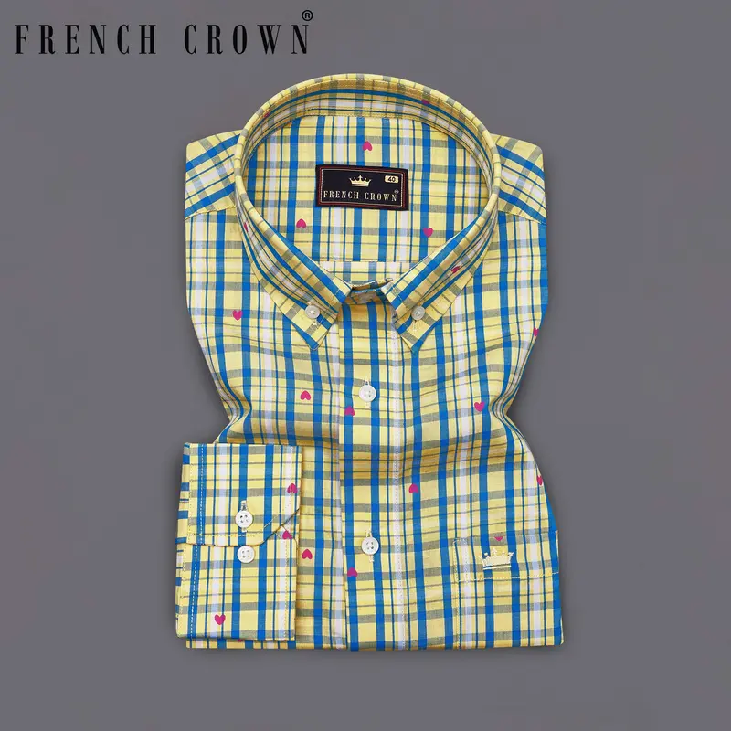 Marzipan Yellow With Matisse Blue Checkered With Heart Printed Premium Cotton Shirt 7