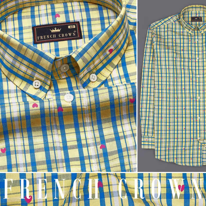 Marzipan Yellow With Matisse Blue Checkered With Heart Printed Premium Cotton Shirt 9