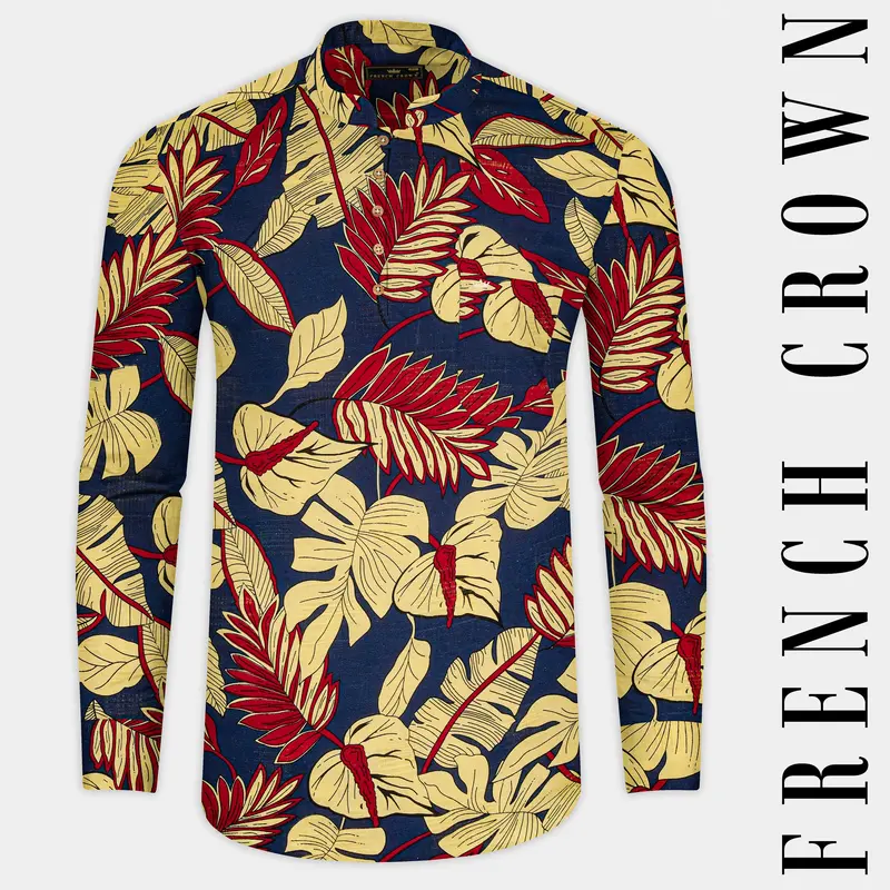 Marzipan Yellow With Scarpa Blue Funky Printed Luxurious Linen Kurta Shirt 1