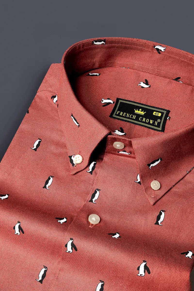 Matrix Orange Penguins Printed Dobby Textured Premium Giza Cotton Shirt 1