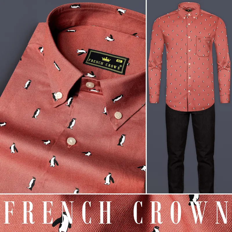 Matrix Orange Penguins Printed Dobby Textured Premium Giza Cotton Shirt 10