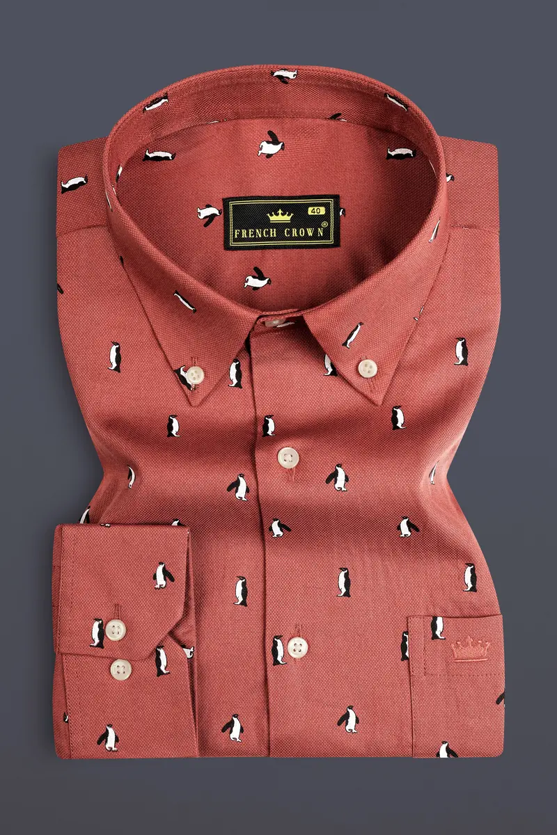 Matrix Orange Penguins Printed Dobby Textured Premium Giza Cotton Shirt 3