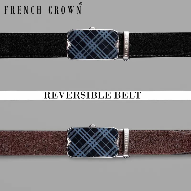Matt Grey Checkered Buckle No Hole Reversible Jade Black And Brown Vegan Leather Handcrafted Belt 1