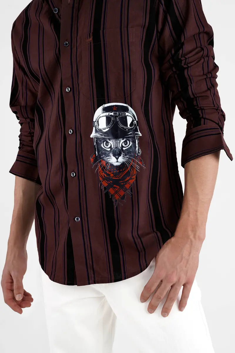 Matterhorn Brown Striped With Funky Cat Printed Royal Oxford Designer Shirt 1