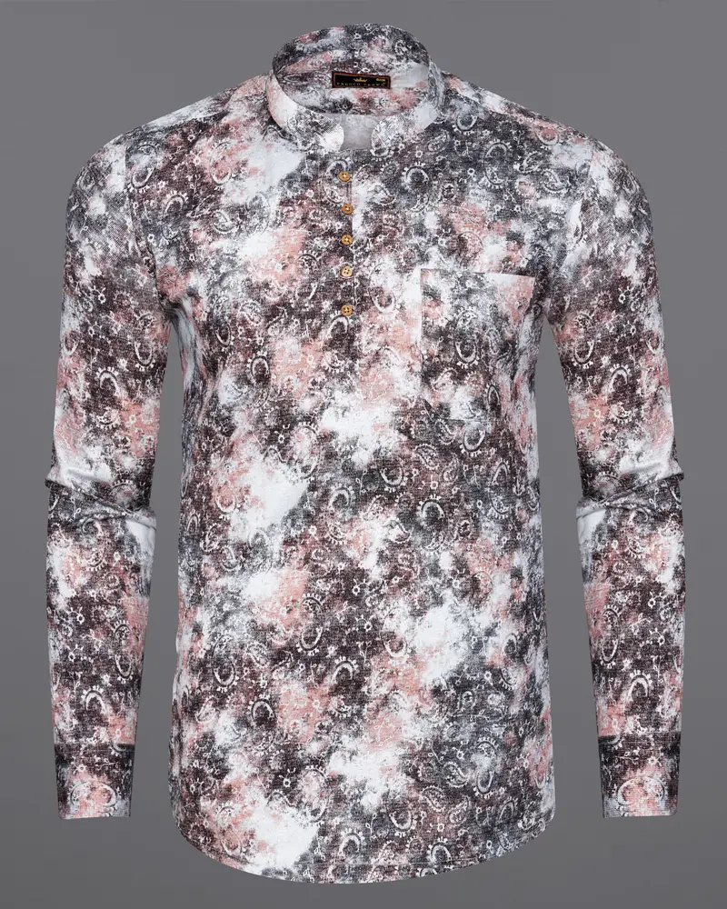 Matterhorn Brown With Cashmere Pink And White Paisley Printed Super Soft Premium Cotton Kurta Shirt 6