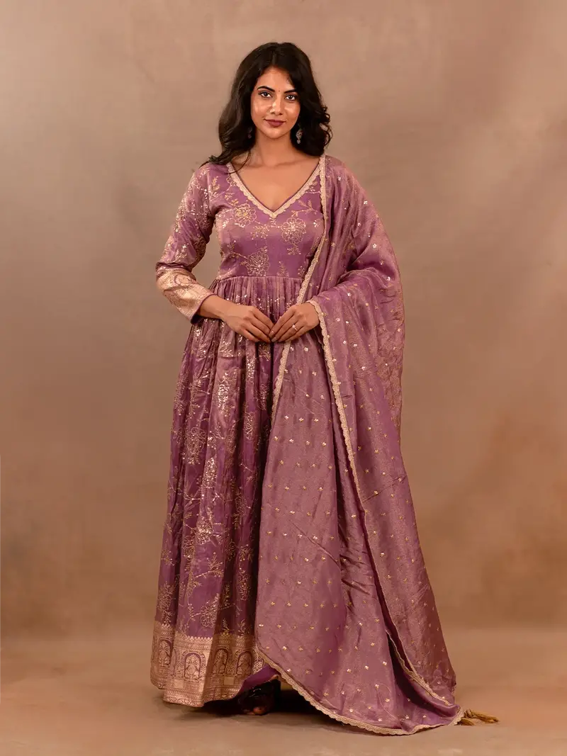 Mauve Floral Design Semi Silk Full Sleeve Gown 1